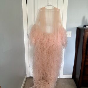 Blush Tulle Ruffle Robe Floor Length Sheer Boudoir Bridal Maternity Photoshoot